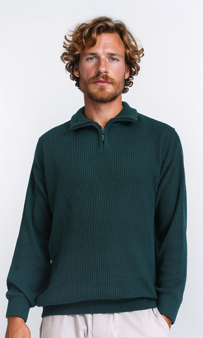 Zipped Knitted Sweater with Classic Collar - Forest Green