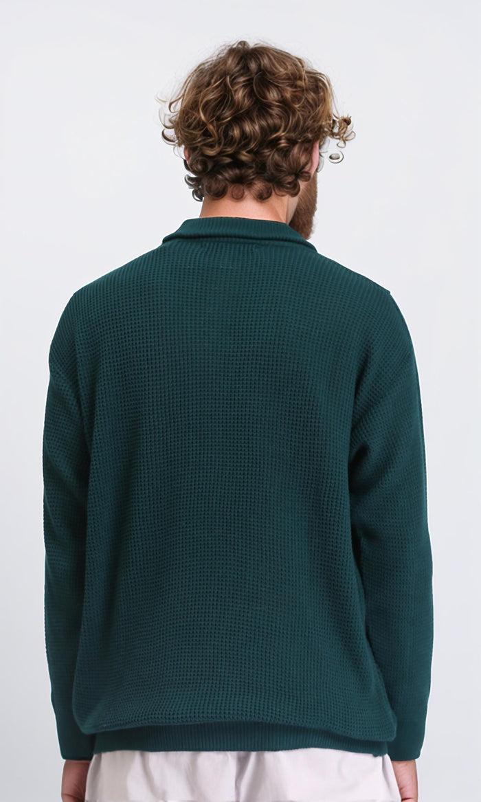 R211500 - Zipped Knitted Sweater with Classic Collar - Forest Green