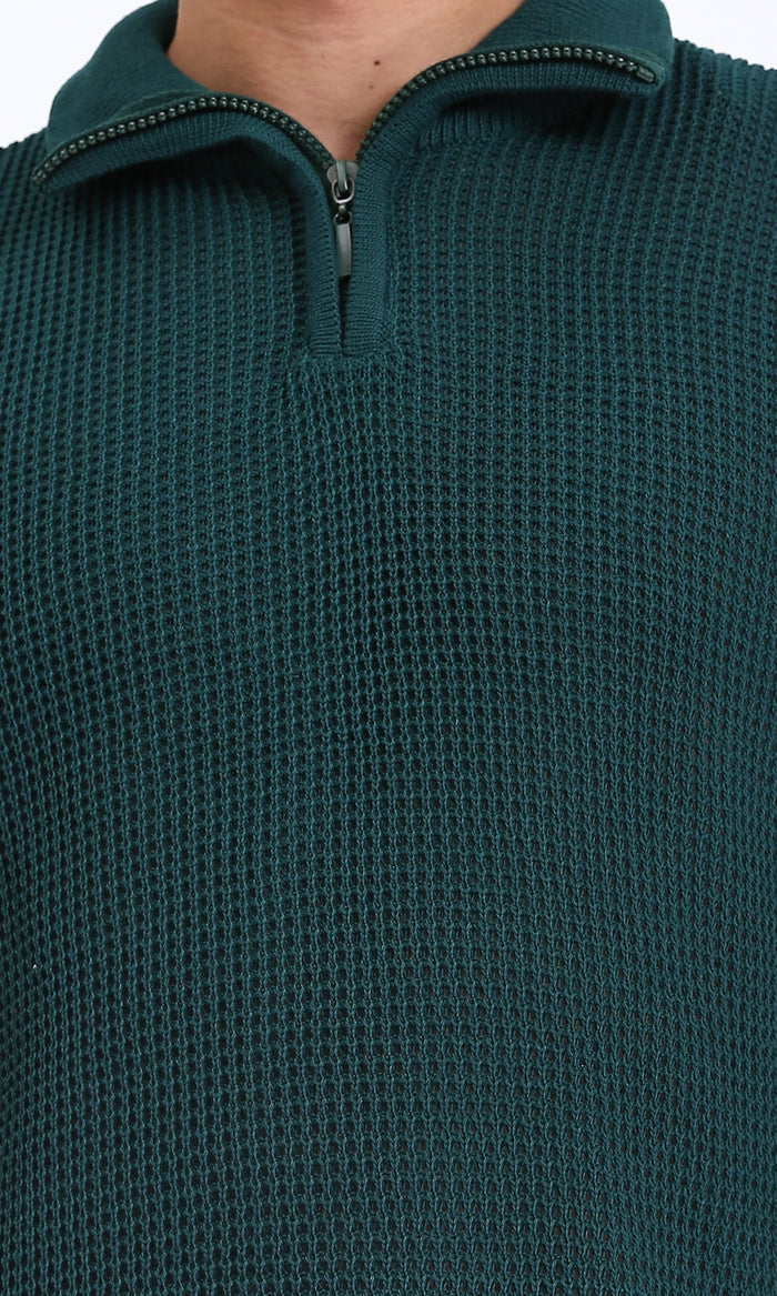 R211500 - Zipped Knitted Sweater with Classic Collar - Forest Green