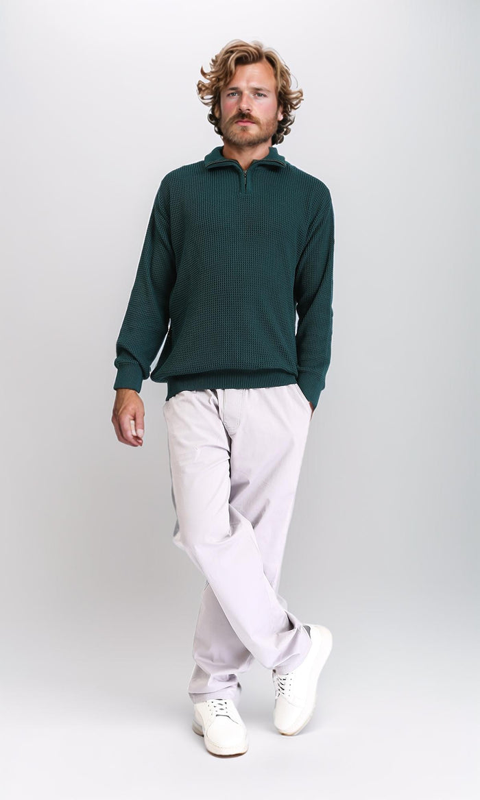 R211500 - Zipped Knitted Sweater with Classic Collar - Forest Green