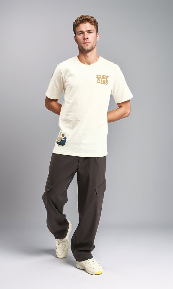 R211621 - Printed "Surf Club" Short Sleeves Tee - Cream