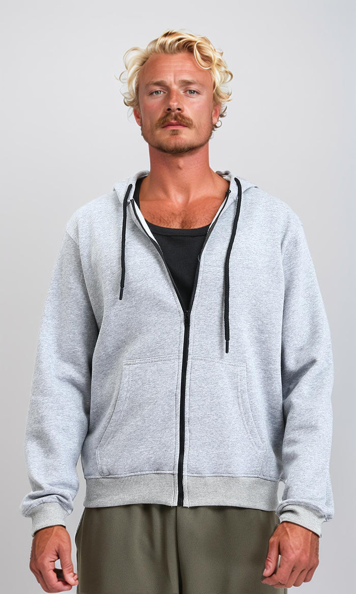Zipper Through Pocket Drawstring Hoodie - Heather Grey