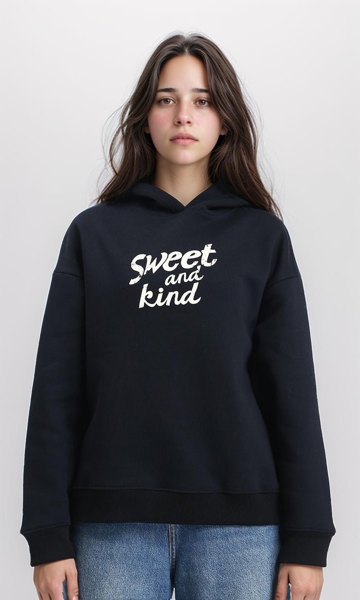 Printed "sweet and Kind" Winter Hoodie - Black