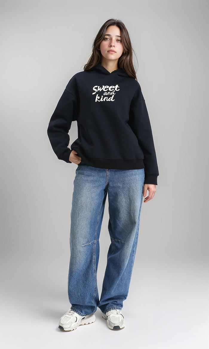 R212048 - Printed "Sweet And Kind" Winter Hoodie - Black