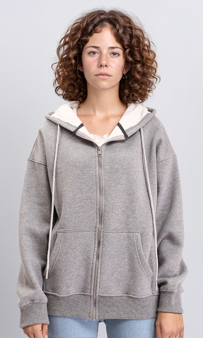 Casual Sweatshirt with Zipper Through Pocket - Heather Grey