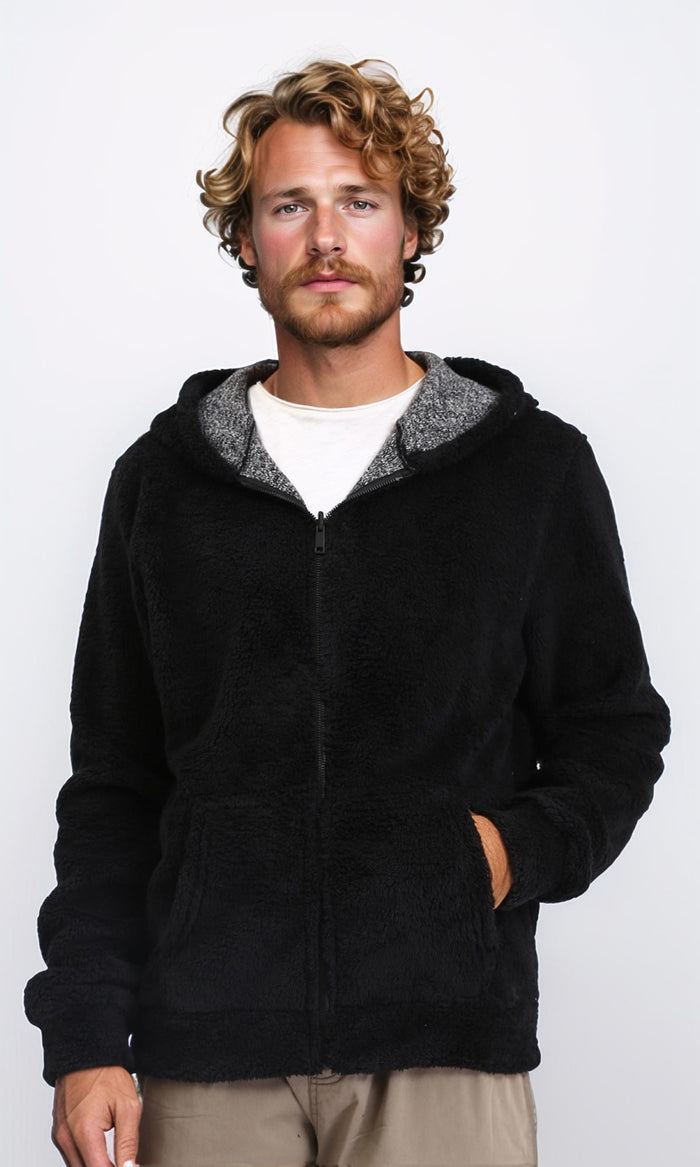 Zipped Fur Sweatshirt with Front Pockets - Black