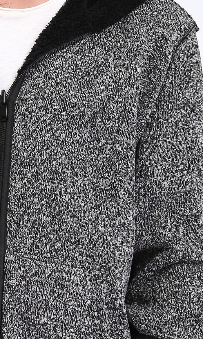 R212105 - Zipped Fur Sweatshirt with Front Pockets - Black