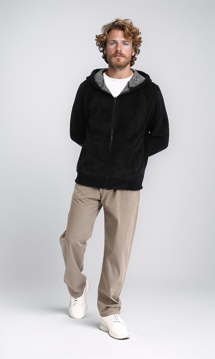 R212105 - Zipped Fur Sweatshirt with Front Pockets - Black