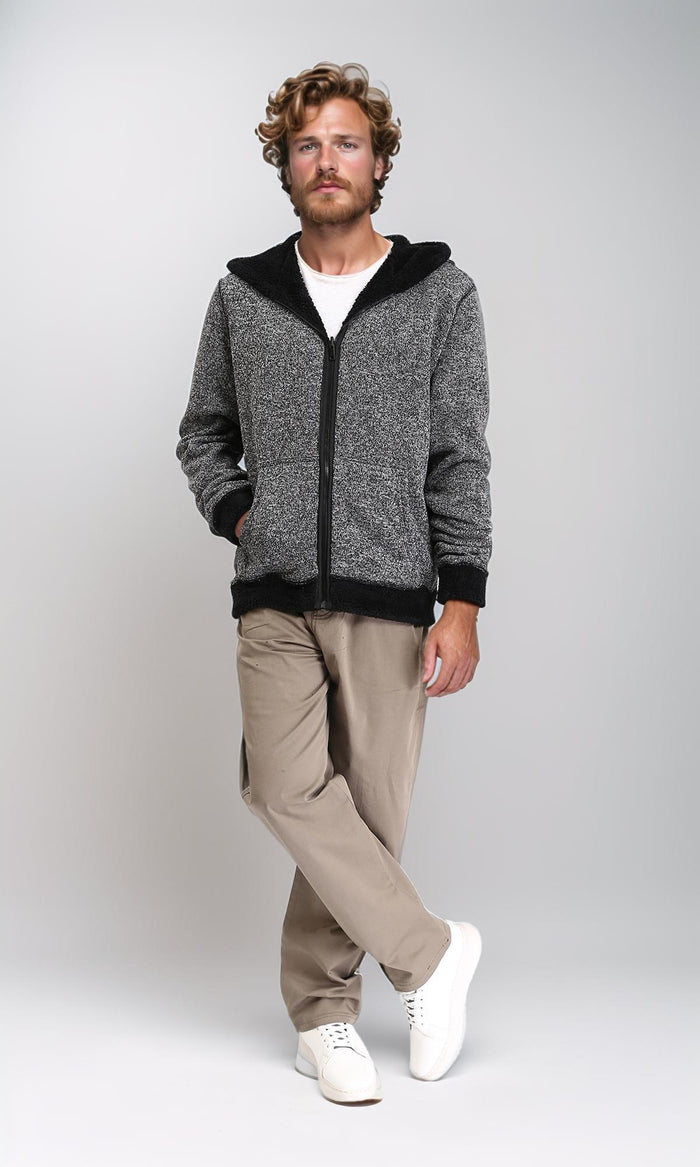R212105 - Zipped Fur Sweatshirt with Front Pockets - Black