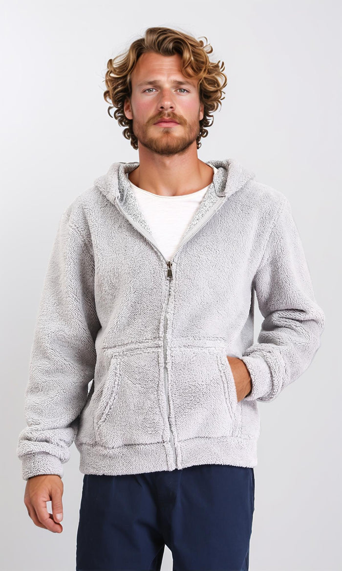Zipped Fur Sweatshirt with Front Pockets - Light Grey