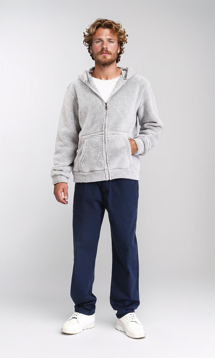R212107 - Zipped Fur Sweatshirt with Front Pockets - Light Grey