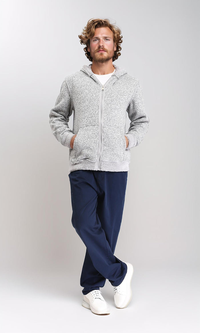R212107 - Zipped Fur Sweatshirt with Front Pockets - Light Grey