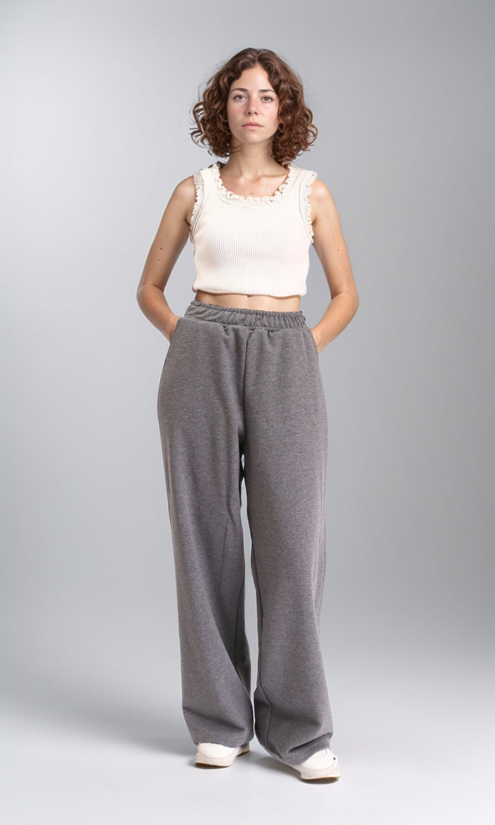 R212112 - Wide Leg Pants with Elastic Waist - Heather Medium Grey