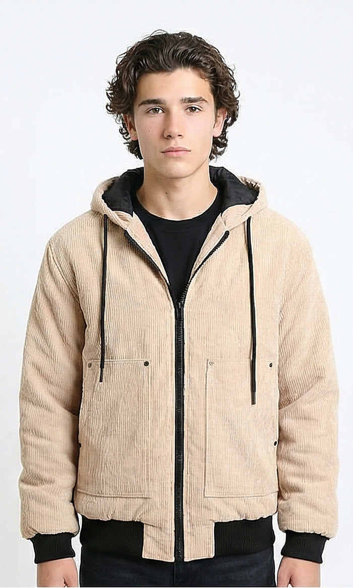 Drawstring Hooded Neck Corduroy Jacket - Nude
