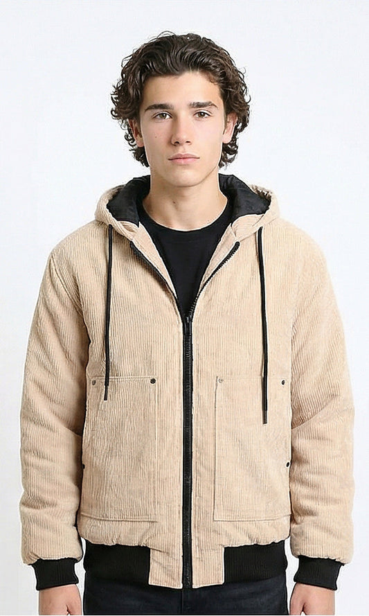 Drawstring Hooded Neck Corduroy Jacket - Nude