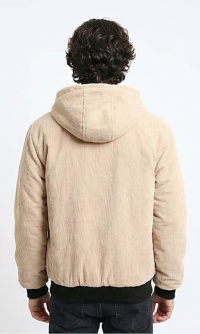 R212167 - Drawstring Hooded Neck Corduroy Jacket - Nude
