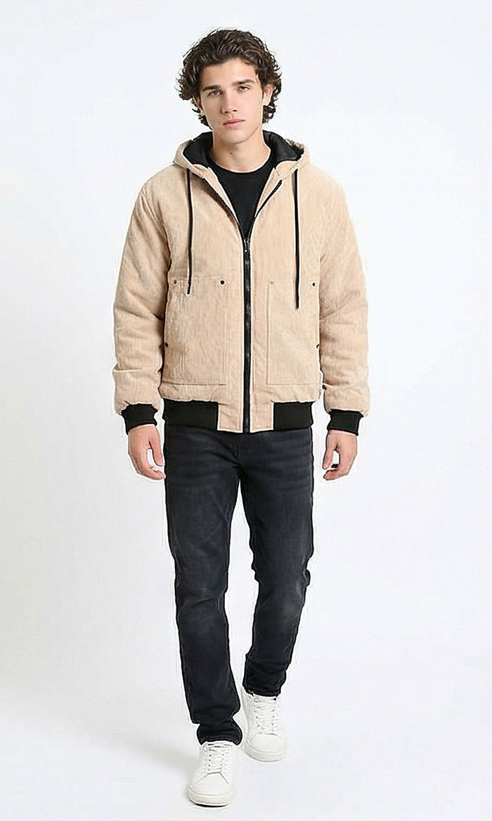 R212167 - Drawstring Hooded Neck Corduroy Jacket - Nude