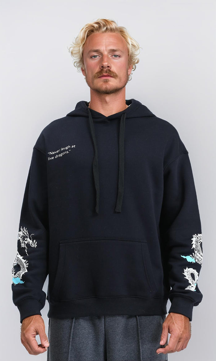 Printed Hoodie with Kangaroo Pocket - Black