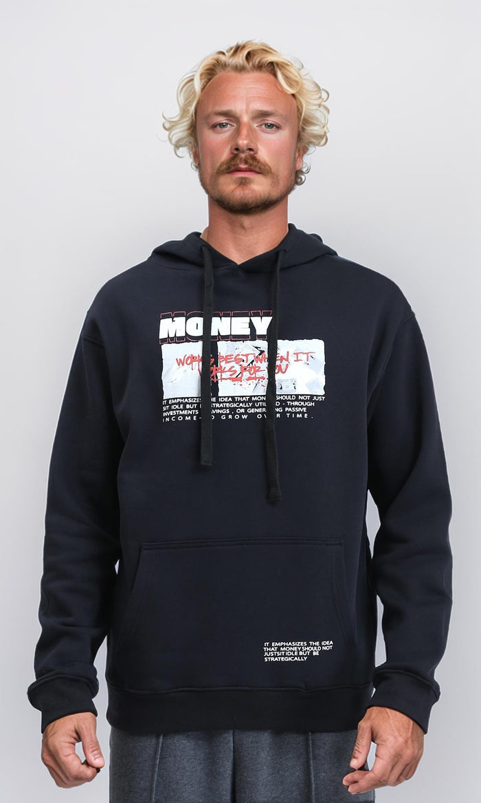 Long Sleeves Casual Hoodie with Front Print - Black