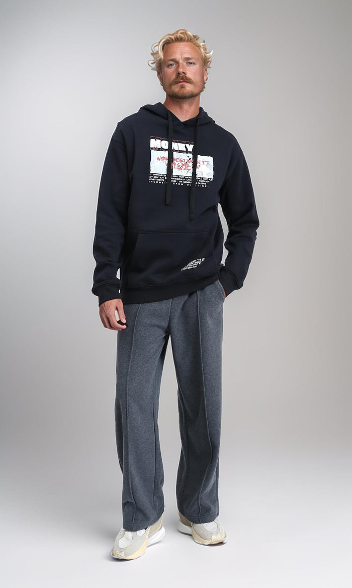 R212186 - Long Sleeves Casual Hoodie with Front Print - Black