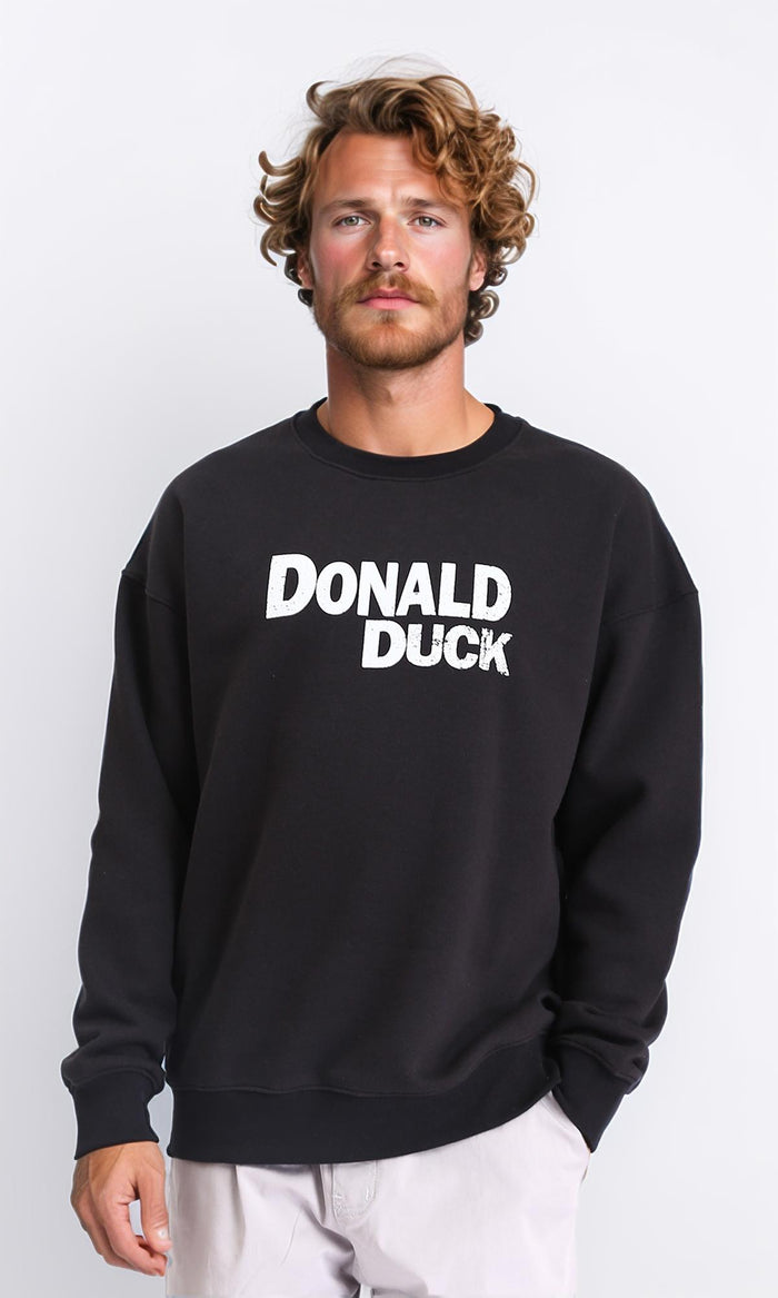 Printed "donald Duck" Round Neck Sweatshirt - Black