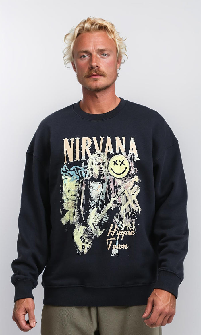 "nirvana" Print Round Neck Sweatshirt - Black