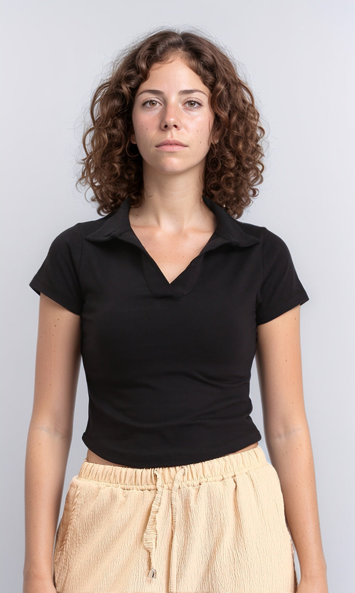 Open Neck Solid Short Polo Shirt - Black
