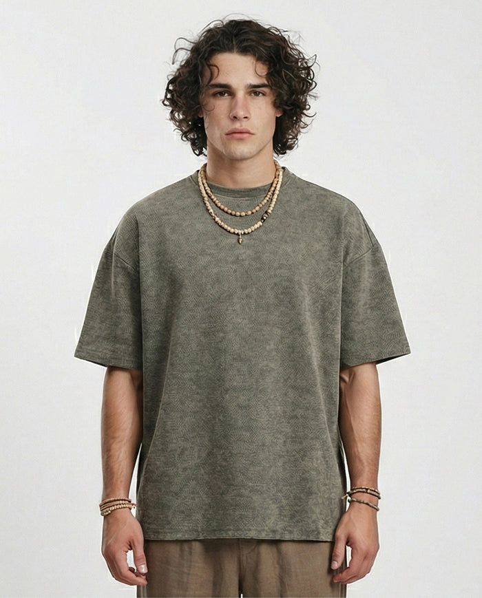 Patterned Slip On Crew Neck Tee - Dark Khaki