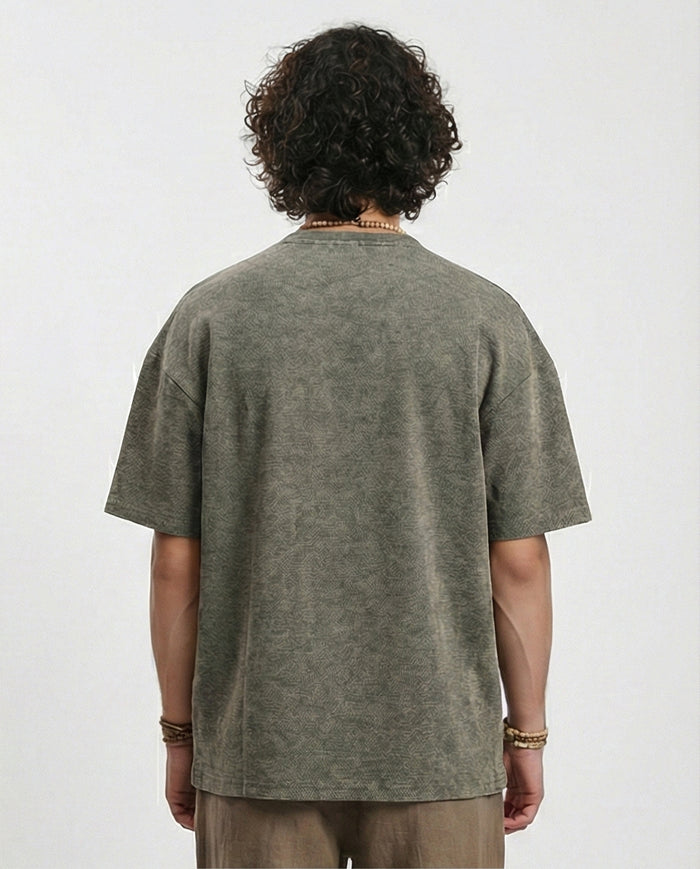 R212507 - Patterned Slip On Crew Neck Tee - Dark khaki