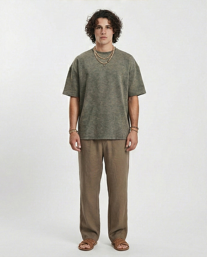 R212507 - Patterned Slip On Crew Neck Tee - Dark khaki
