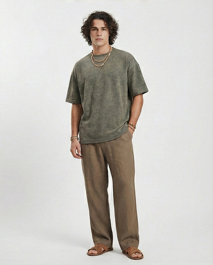 R212507 - Patterned Slip On Crew Neck Tee - Dark khaki