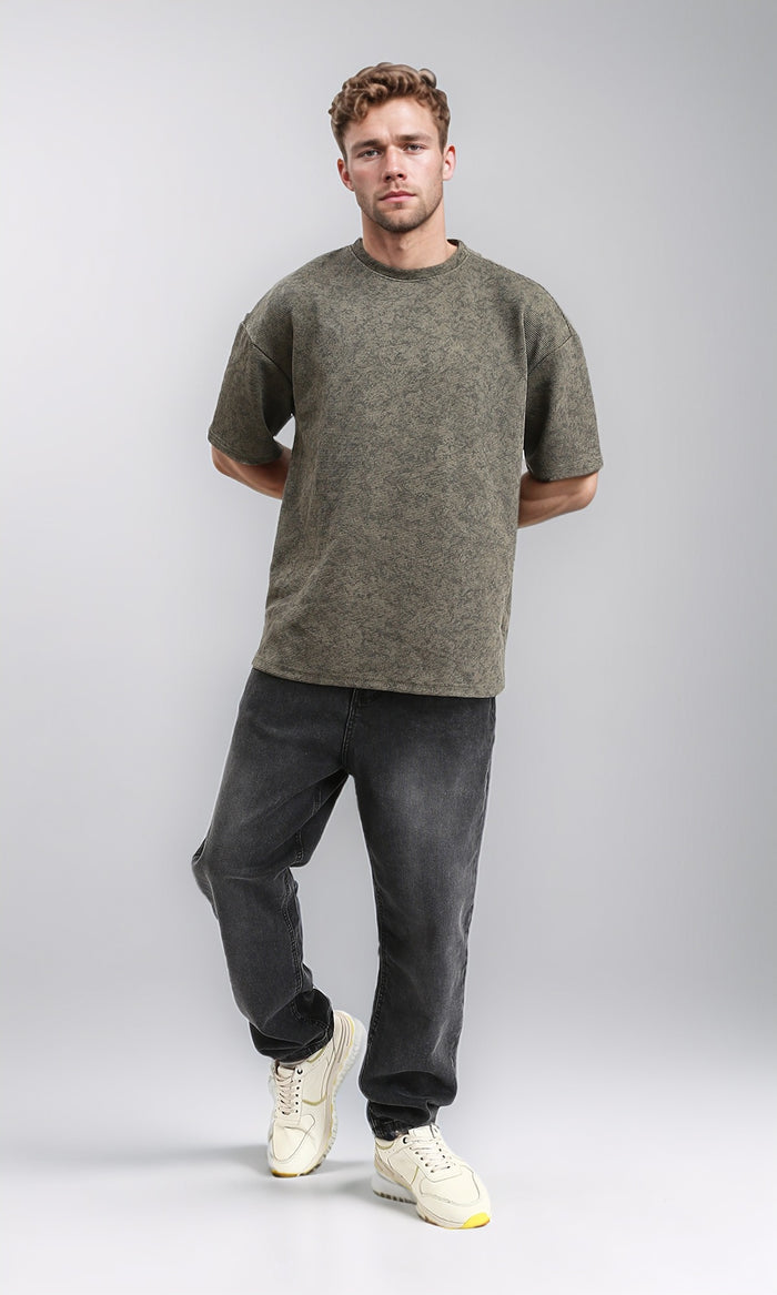 R212507 - Patterned Slip On Crew Neck Tee - Dark khaki
