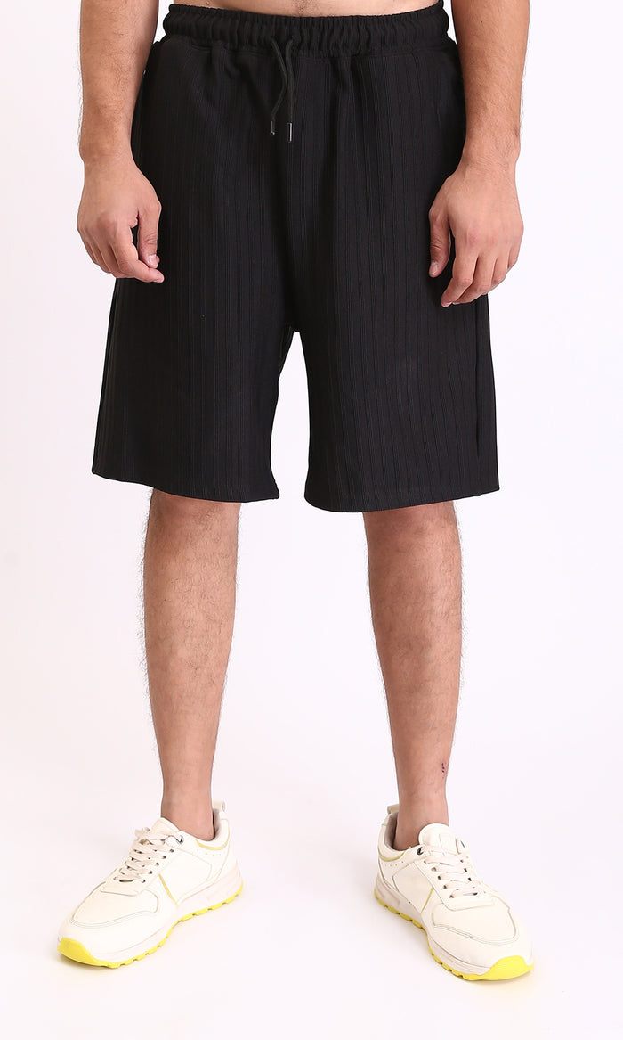 Self Striped Slip On Summer Shorts - Black