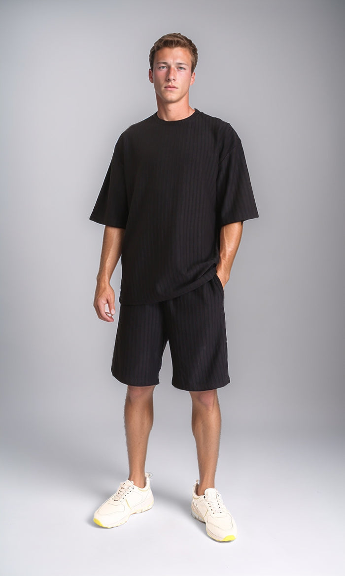 R212649 - Self Striped Slip On Summer Shorts - Black