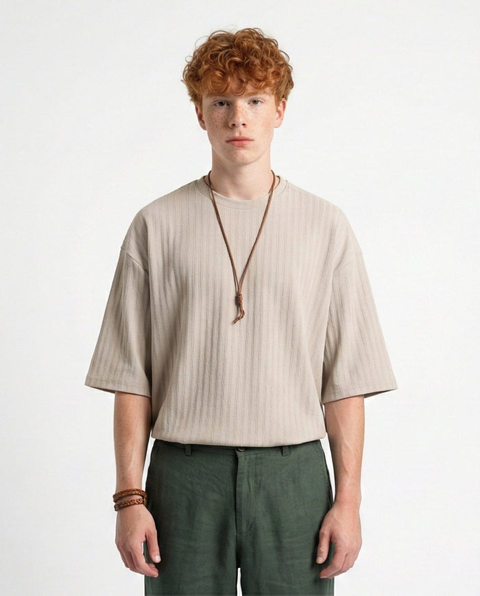 Elbow Sleeves Striped Casual Tee - Light Grey