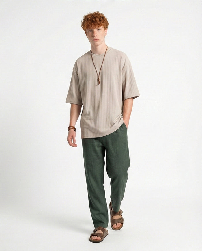 R212652 - Elbow Sleeves Striped Casual Tee - Light Grey