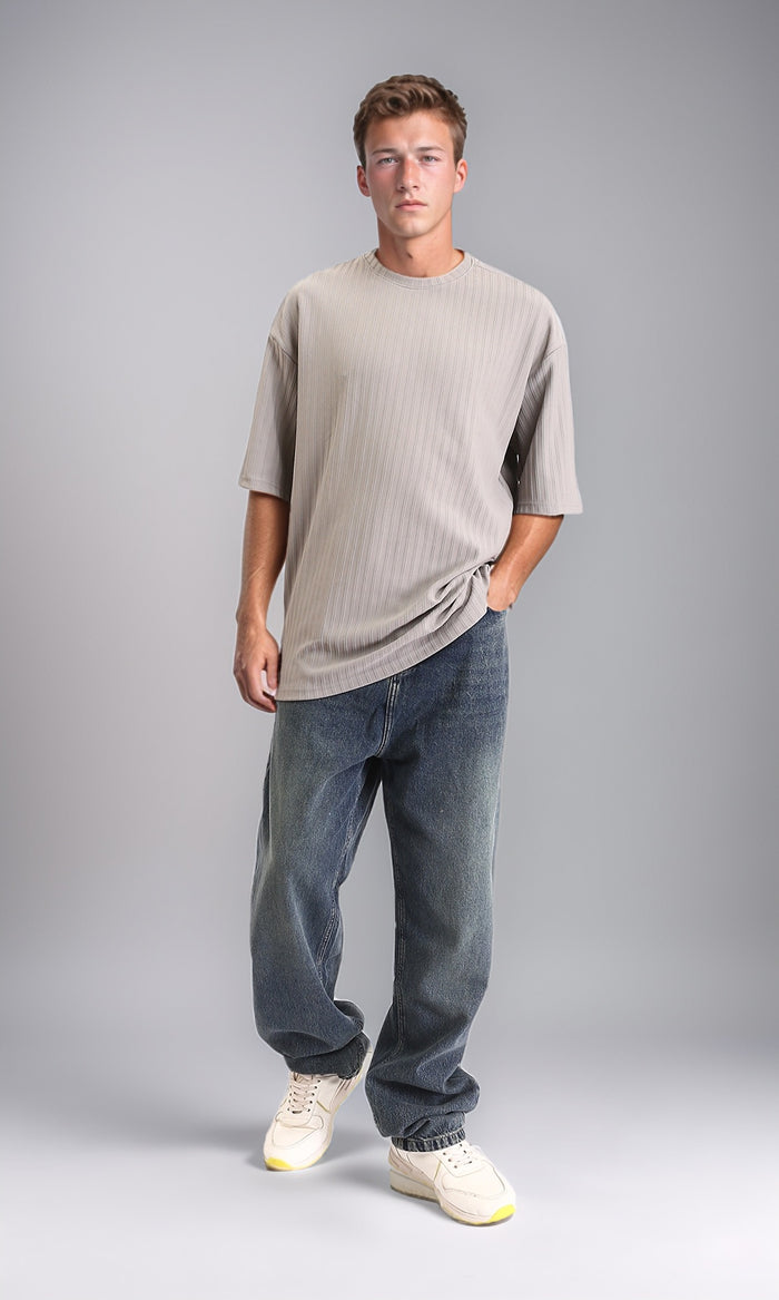 R212652 - Elbow Sleeves Striped Casual Tee - Light Grey