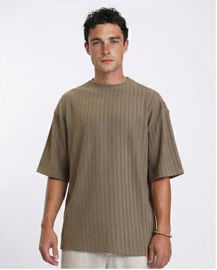 Elbow Sleeves Striped Casual Tee - Dark Khaki