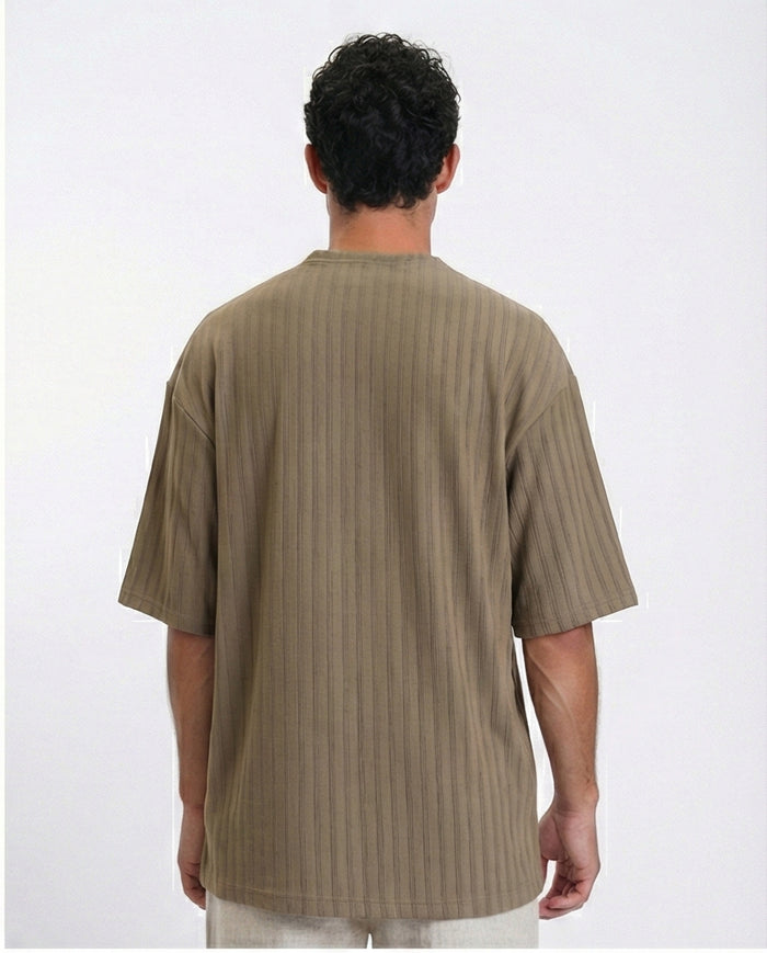 R212654 - Elbow Sleeves Striped Casual Tee - Dark Khaki