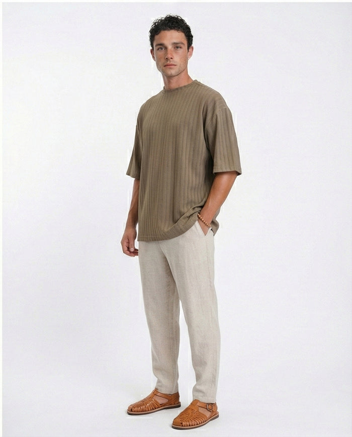 R212654 - Elbow Sleeves Striped Casual Tee - Dark Khaki
