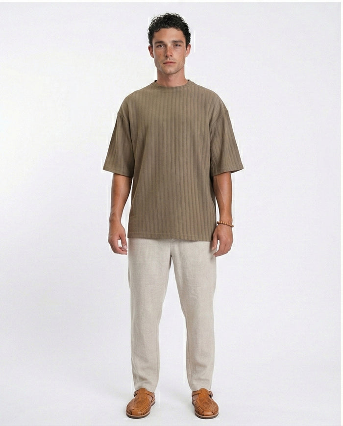 R212654 - Elbow Sleeves Striped Casual Tee - Dark Khaki