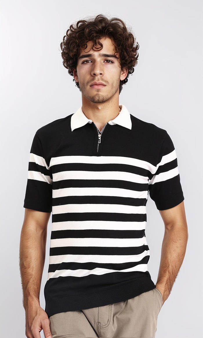 Short Sleeves Striped Polo Shirt - Black & White
