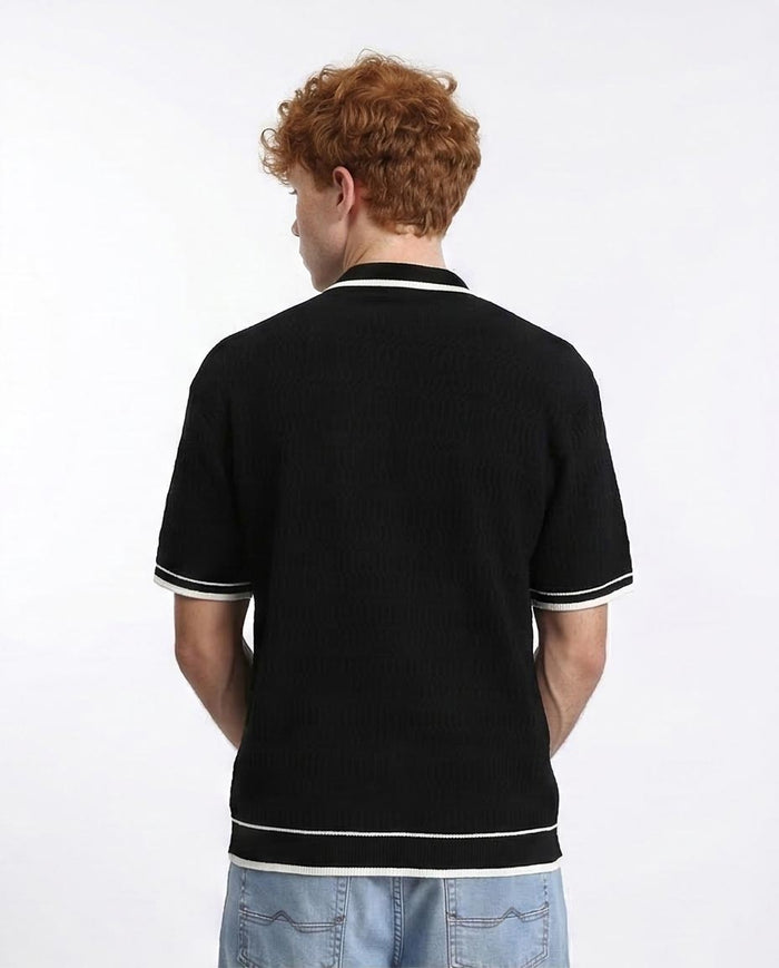 R213024 - Elbow Sleeves Zipped Polo Shirt - Black
