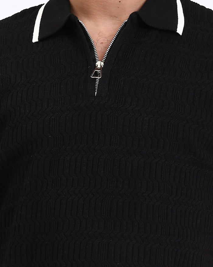 R213024 - Elbow Sleeves Zipped Polo Shirt - Black