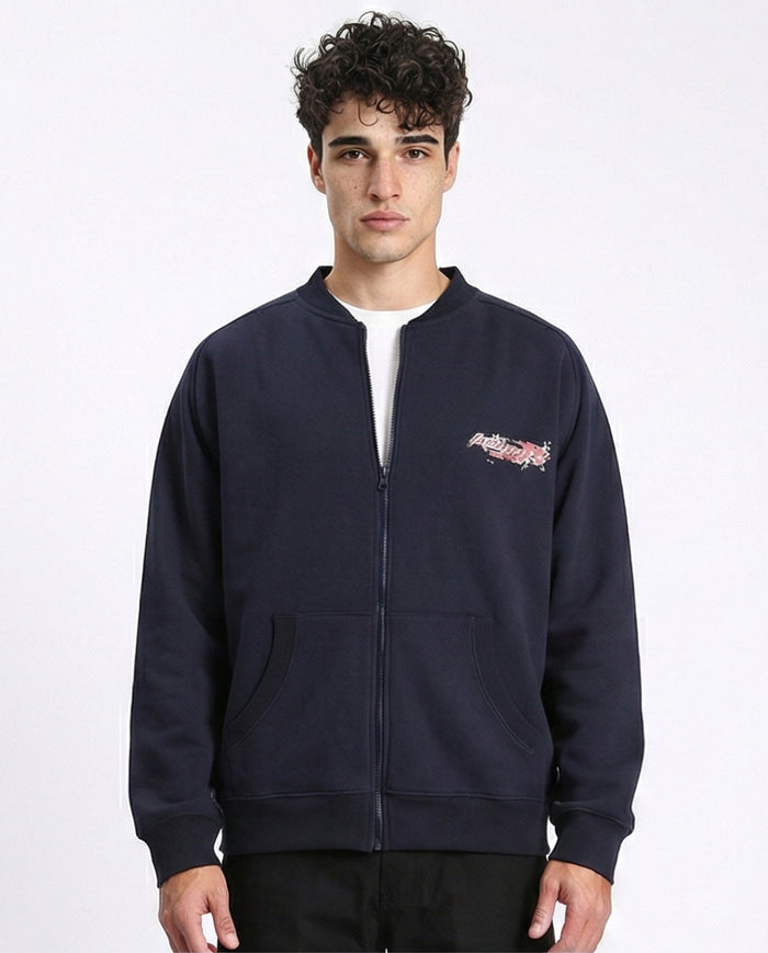 Cotton Printed Zipped Sweatshirt - Navy Blue