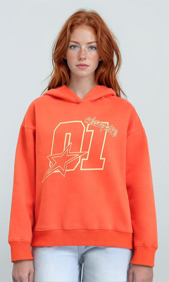 Slip On Casual Printed Hoodie - Orange