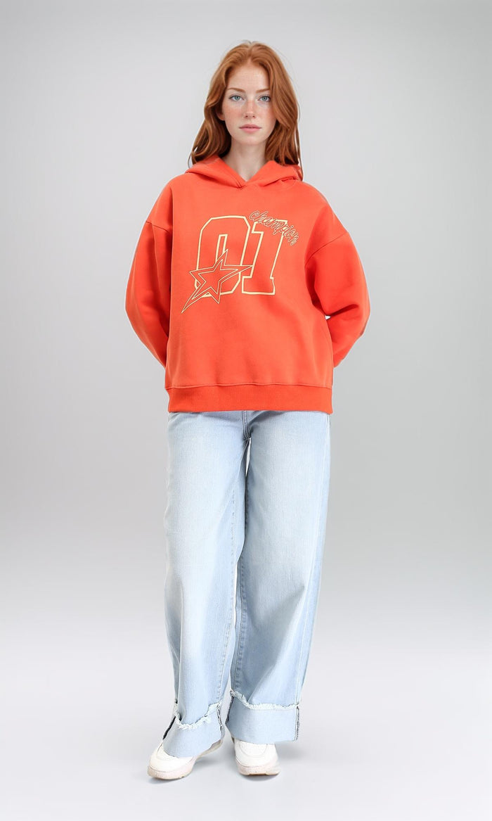R213130 - Slip On Casual Printed Hoodie - Orange