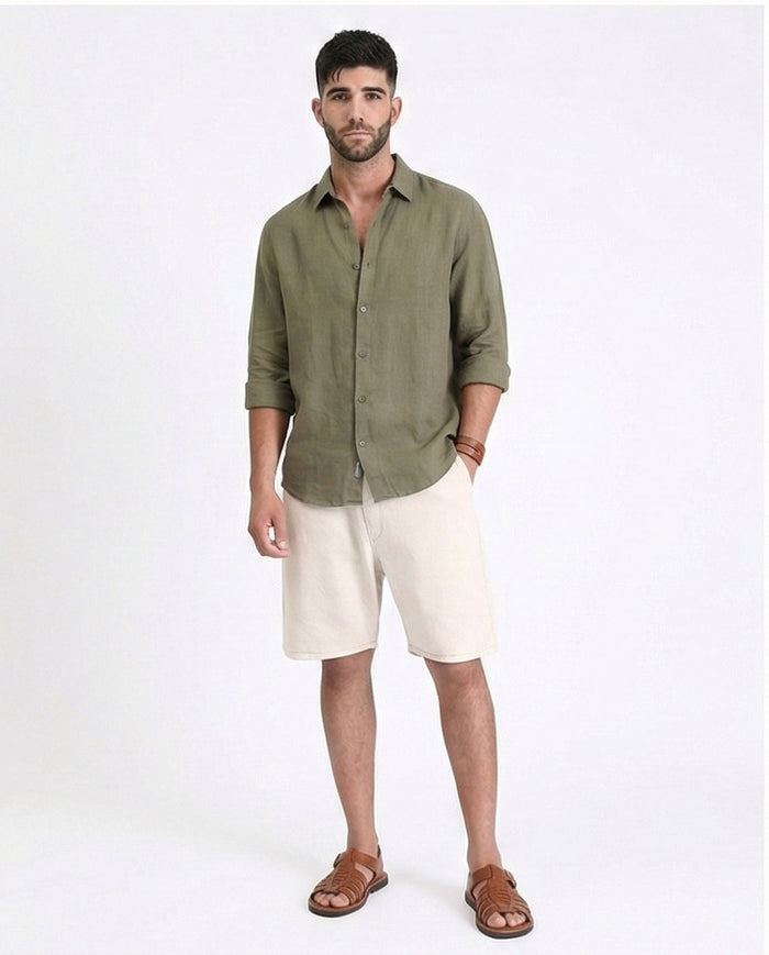 R213140 - Solid Pattern Slip On Casual Shorts - Beige