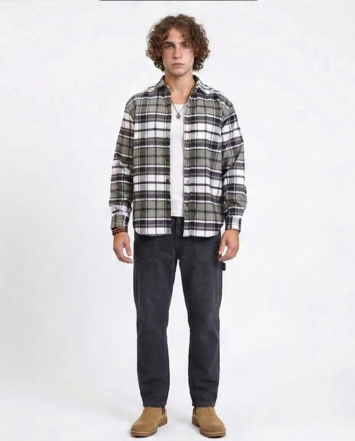 R213202 - Long Sleeves Casual Tartan Shirt - Olive & White