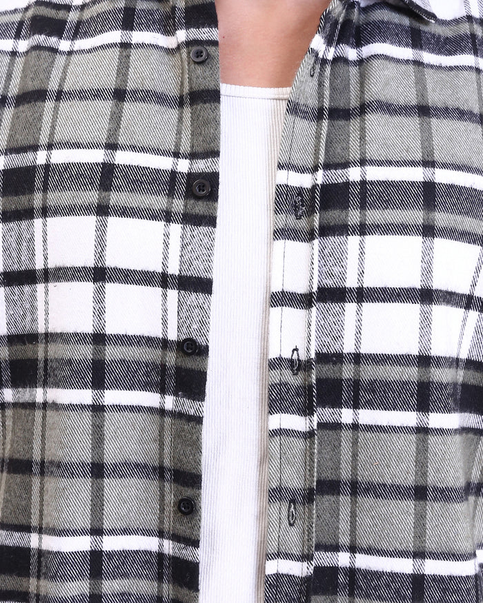 R213202 - Long Sleeves Casual Tartan Shirt - Olive & White
